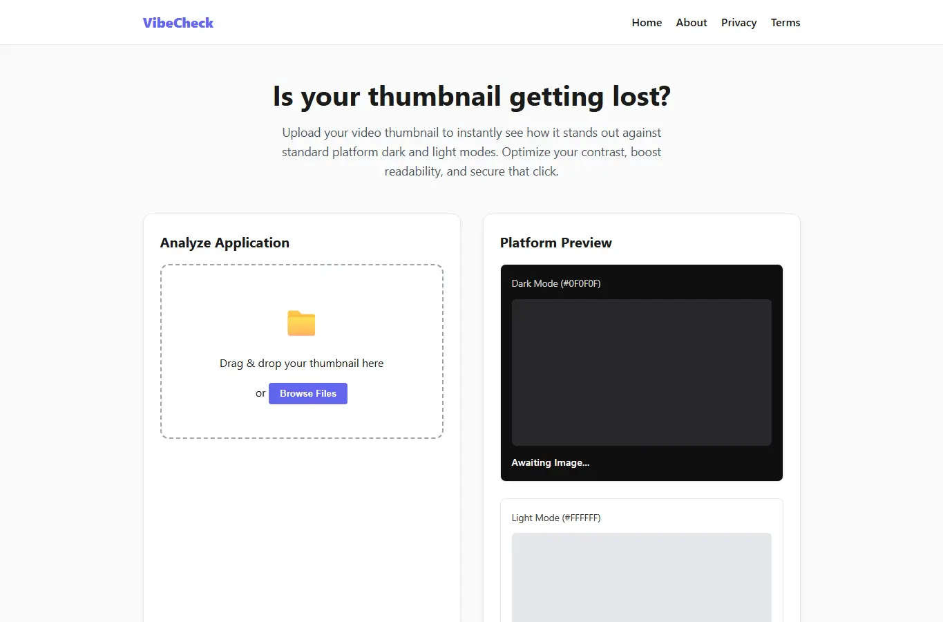 Screenshot of VibeCheck: Thumbnail Color Tool interface showing the project page in use